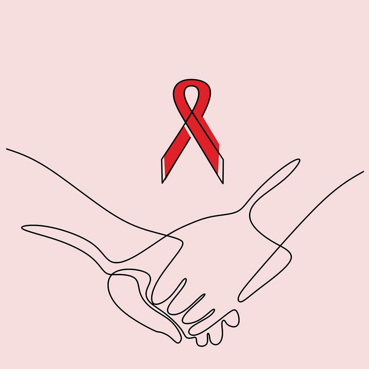 Two Hands holding each-other with a red ribbon representing HIV awarness above